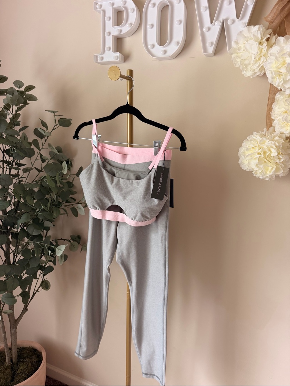Savage X Fenty Gray Sports Bra & Leggings with Pink Trim